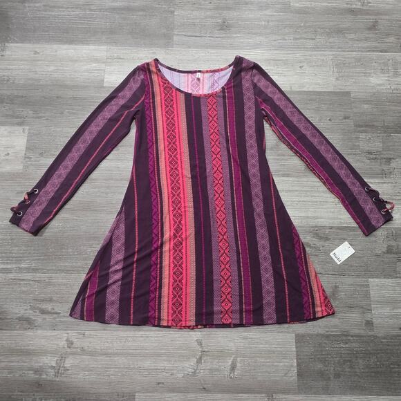 Mudd Pink & Purple Boho Striped Long Sleeve Tunic Style Dress - Picture 1 of 8